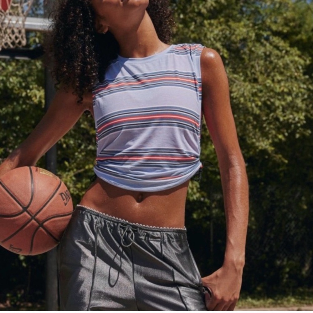 NWT Free People Movement Tempo Sport Mode Muscle Tee Small Wave Stripe Steel